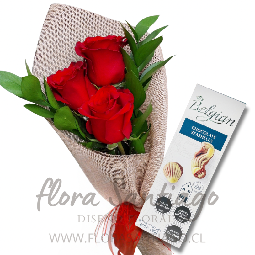 Ramo de 3 rosas rojas y chocolates Belgian