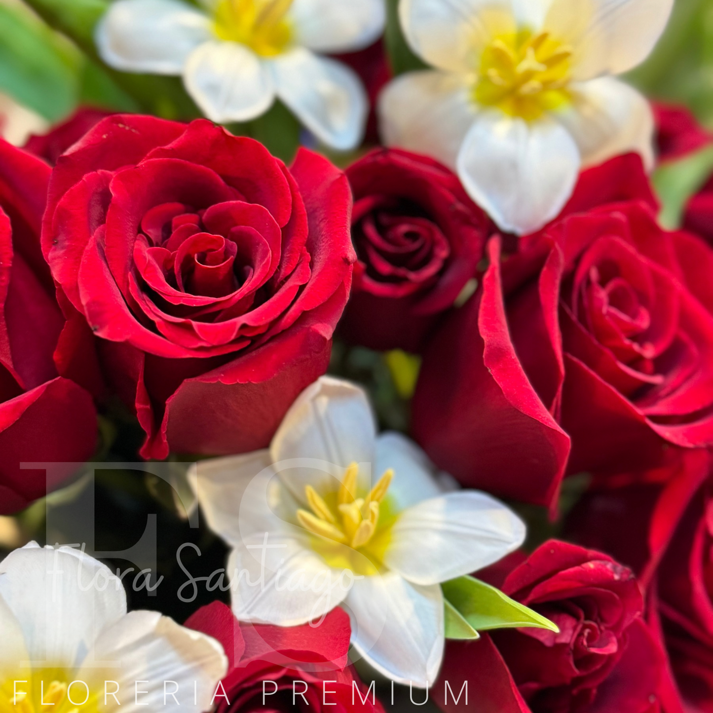 Lindo arreglo con rosas rojas, mini rosas y tulipanes altura 40cm