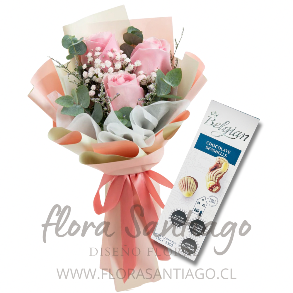 Ramo de 3 rosas rosadas y chocolates Belgian
