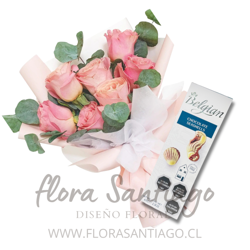 Ramo de 6 rosas rosadas y chocolates Belgian