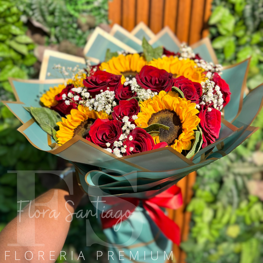 Ramos con 15 rosas rojas y 6 girasoles envuelto en papel coreano, envía flores a domicilio