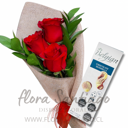 Ramo de 3 rosas rojas y chocolates Belgian