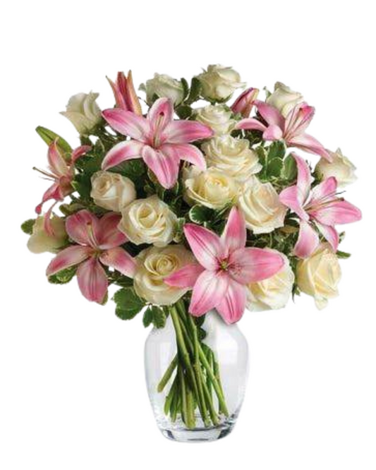 FLORERO DE ROSAS BLANCAS Y LILIUMS