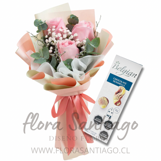 Ramo de 3 rosas rosadas y chocolates Belgian