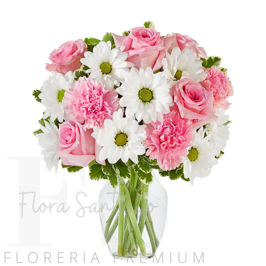 Florero con 6 rosas rosadas, claveles y margaritas