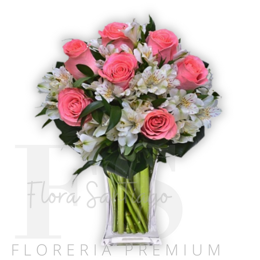 Florero con 8 rosas rosadas y alstromeria