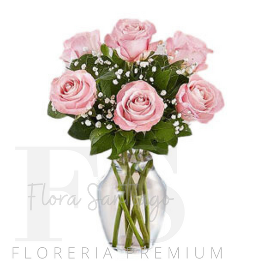 Florero con 6 rosas rosadas