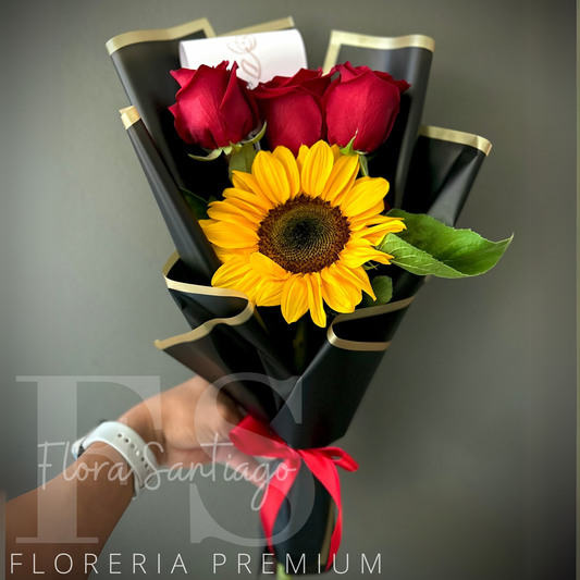 Ramo de 3 rosas rojas y 1 girasol