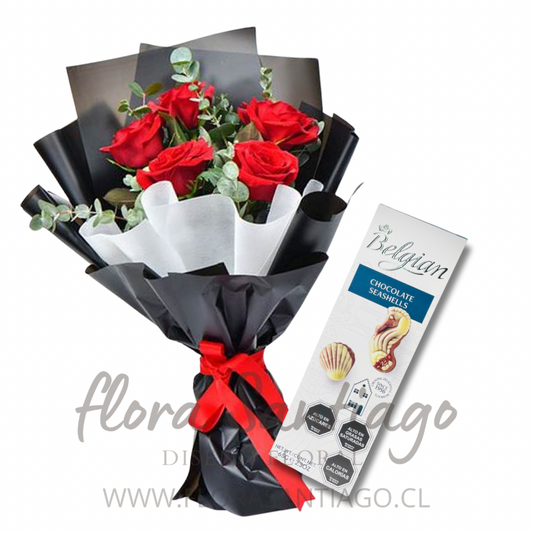 Ramo de 6 rosas rojas y chocolates Belgian