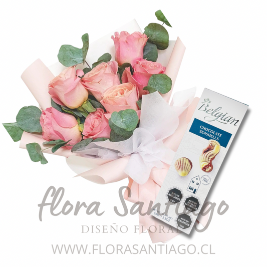 Ramo de 6 rosas rosadas y chocolates Belgian